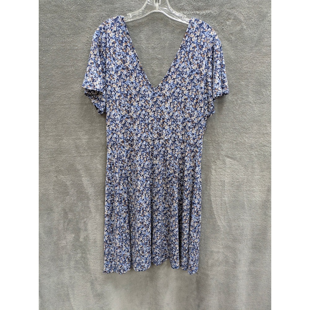 Cottagecore Floral Faux‎ Wrap Dress Womens 1X Blue Short Flutter Sleeve